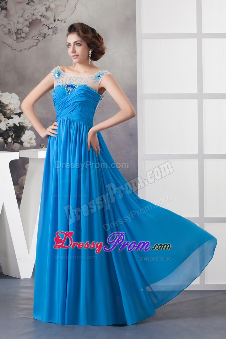 Popular Blue Ruched Long Dress for Prom with Rhinestones
