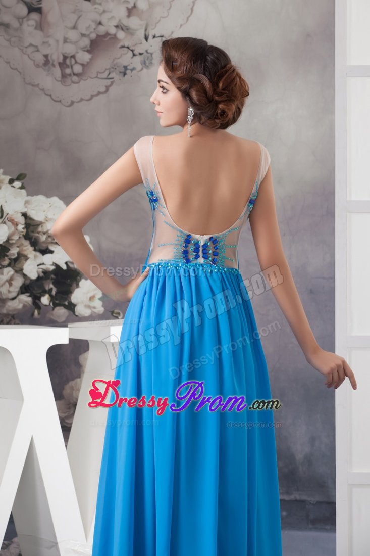 Popular Blue Ruched Long Dress for Prom with Rhinestones