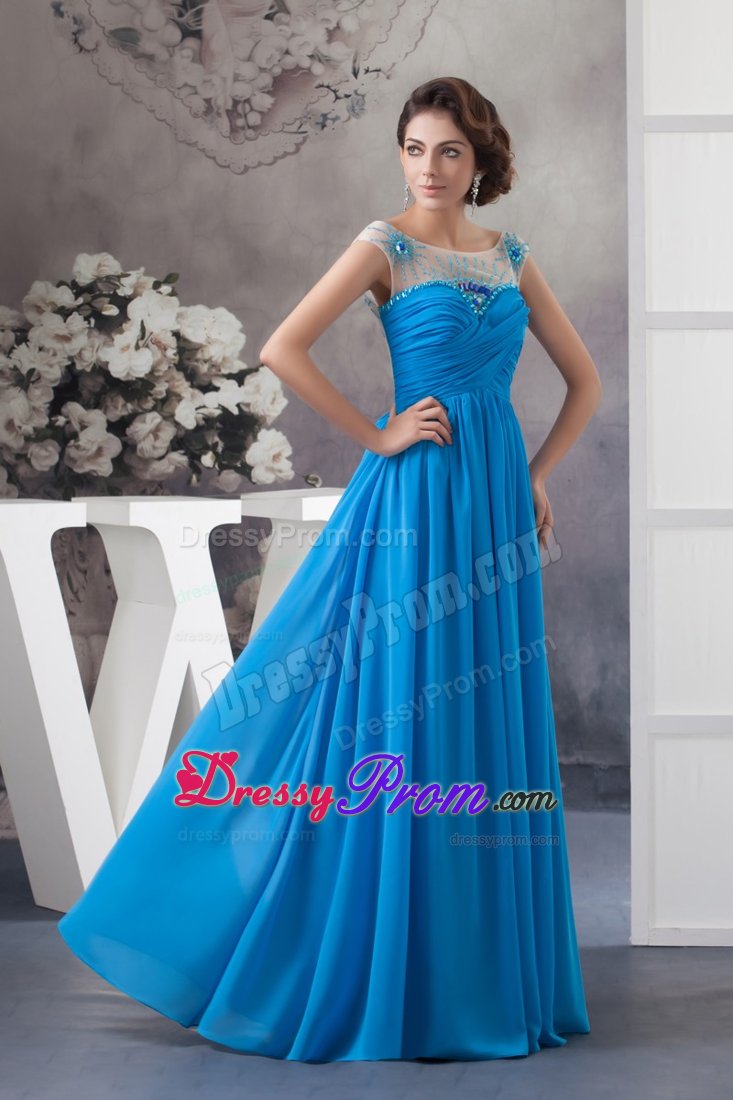 Popular Blue Ruched Long Dress for Prom with Rhinestones