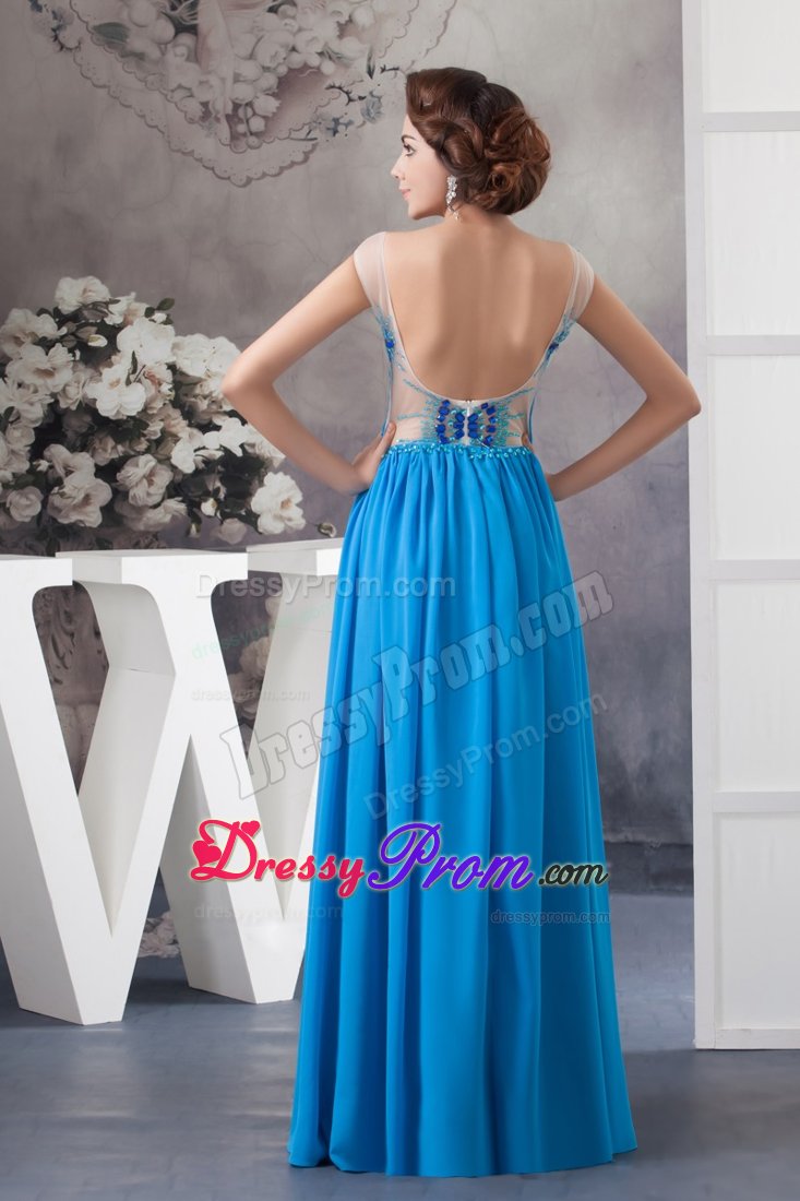 Popular Blue Ruched Long Dress for Prom with Rhinestones