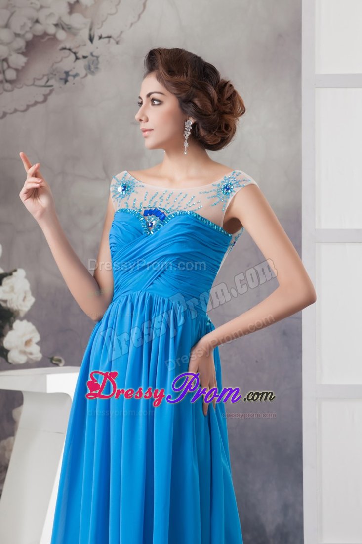 Popular Blue Ruched Long Dress for Prom with Rhinestones