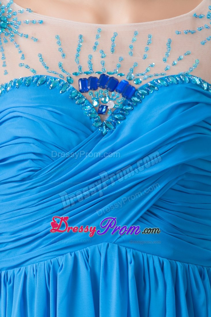 Popular Blue Ruched Long Dress for Prom with Rhinestones