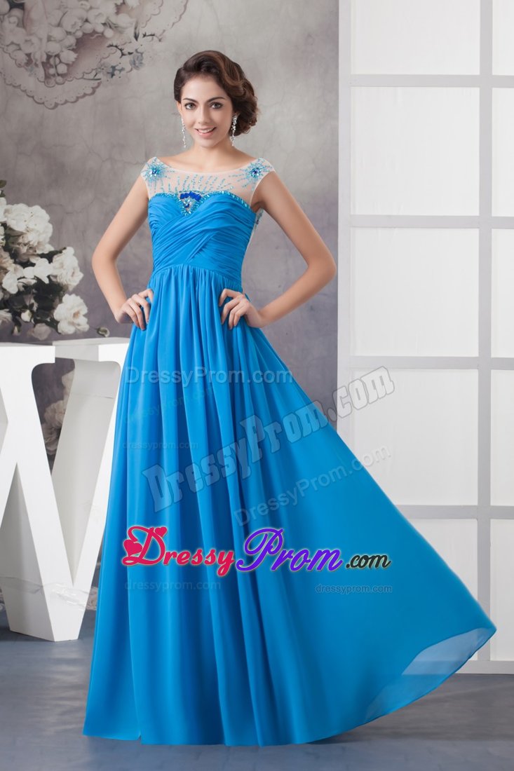 Popular Blue Ruched Long Dress for Prom with Rhinestones