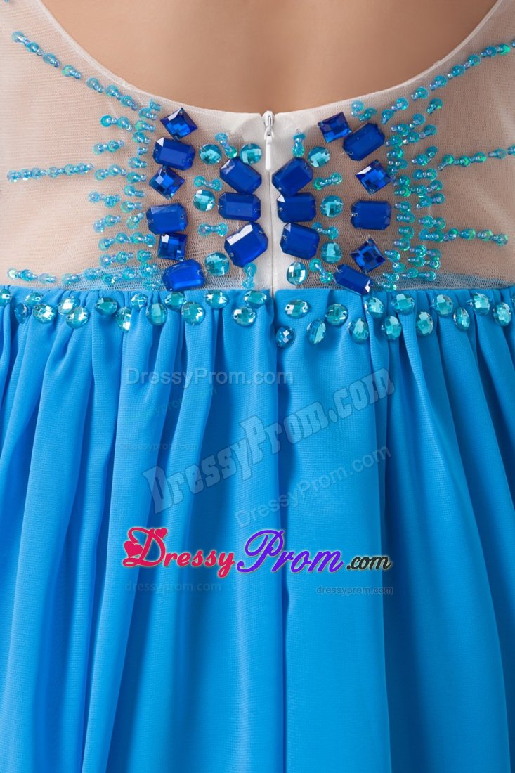 Popular Blue Ruched Long Dress for Prom with Rhinestones