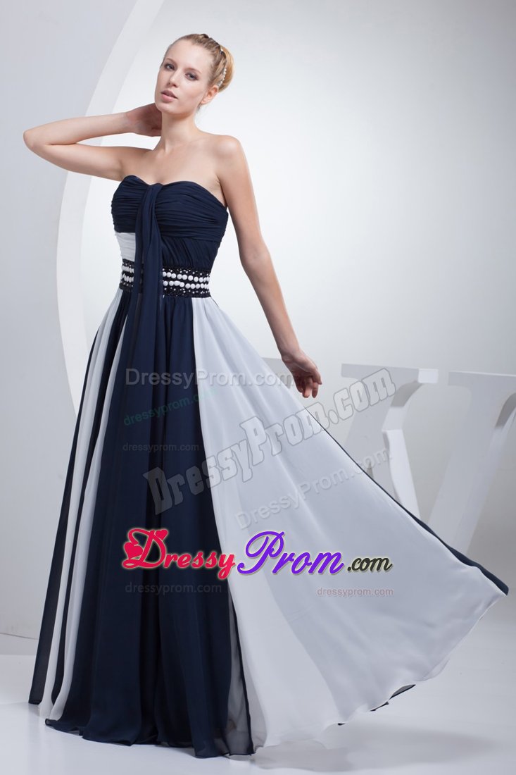Exquisite Navy Blue and White Ruched Prom formal Dresses