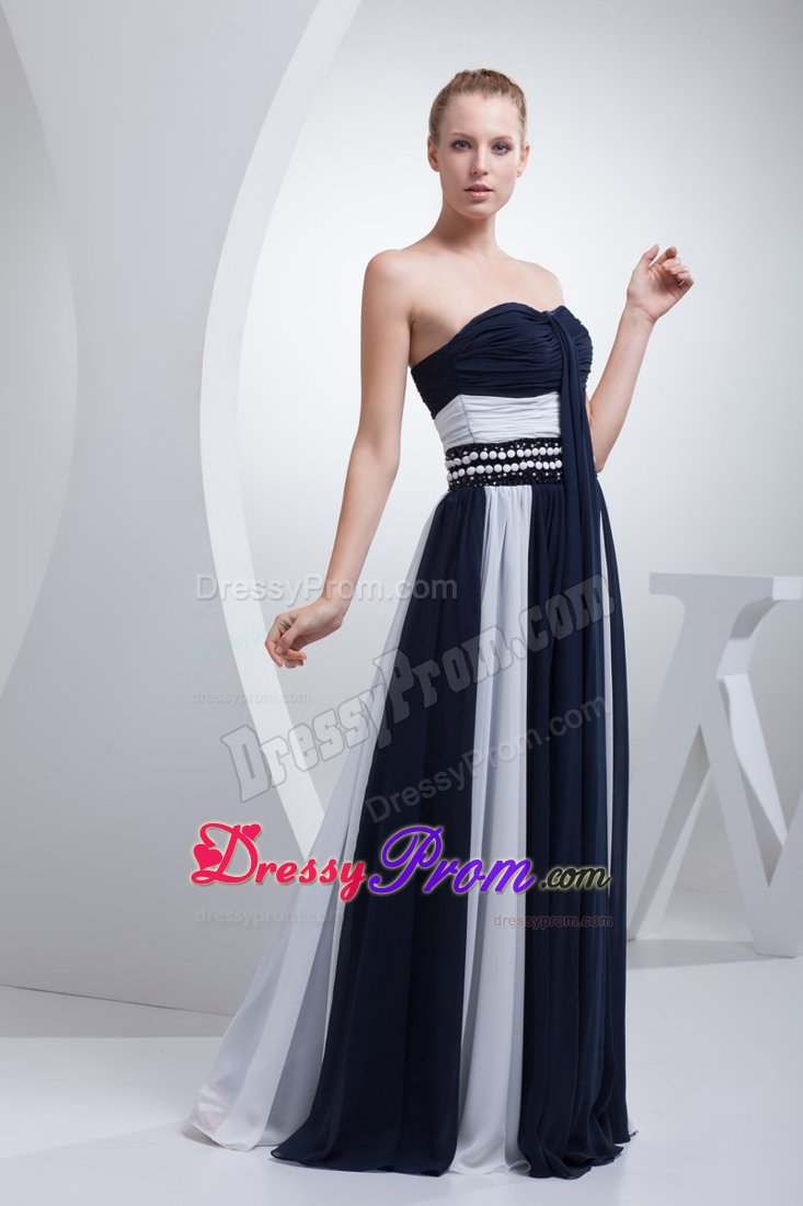 Exquisite Navy Blue and White Ruched Prom formal Dresses
