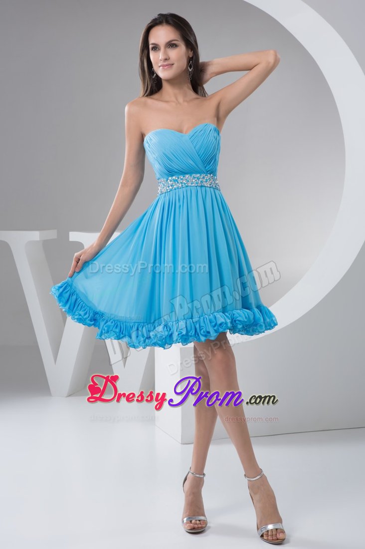 Attractive Ruched Beaded Aqua Blue Mini Prom Holiday Dress