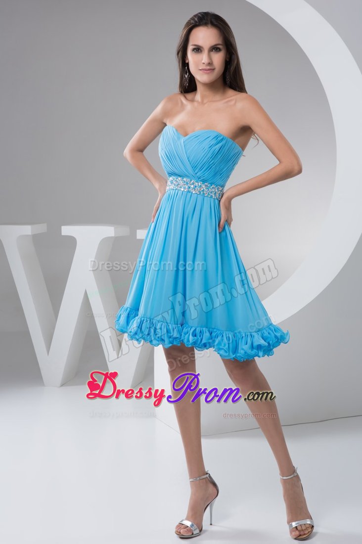 Attractive Ruched Beaded Aqua Blue Mini Prom Holiday Dress