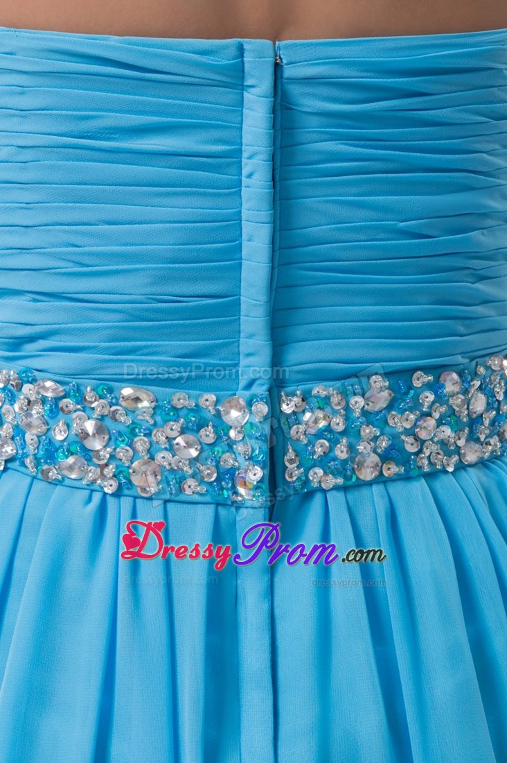 Attractive Ruched Beaded Aqua Blue Mini Prom Holiday Dress