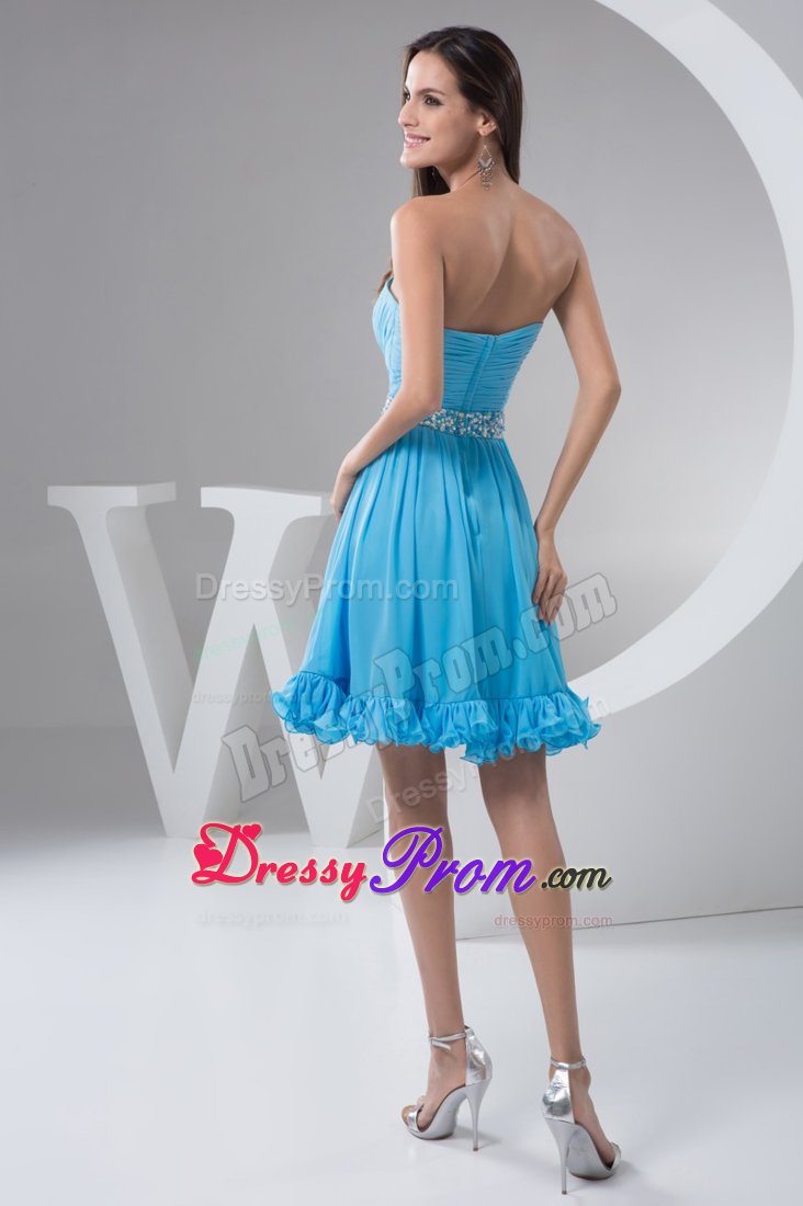 Attractive Ruched Beaded Aqua Blue Mini Prom Holiday Dress