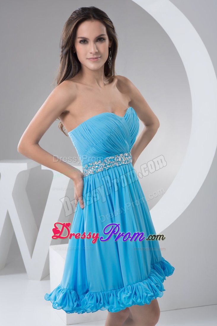 Attractive Ruched Beaded Aqua Blue Mini Prom Holiday Dress
