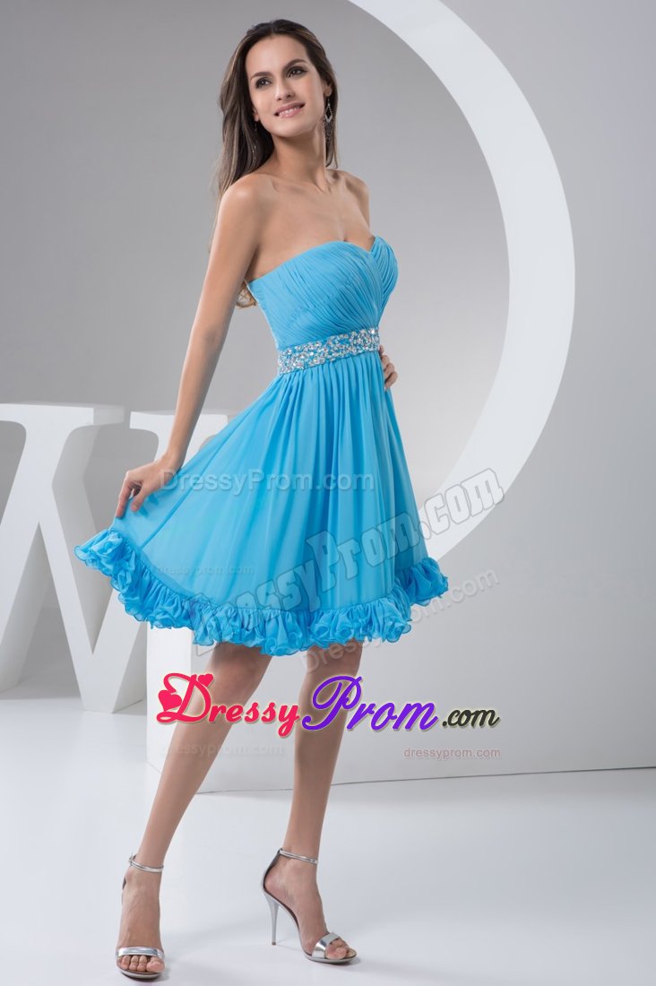 Attractive Ruched Beaded Aqua Blue Mini Prom Holiday Dress