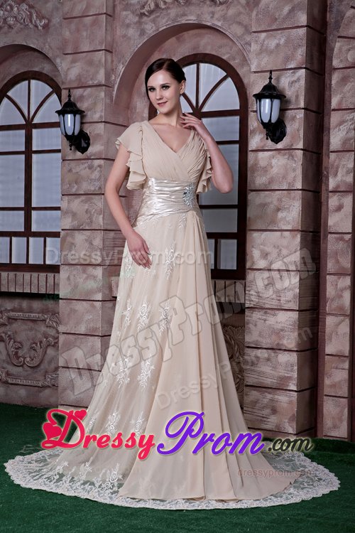 V-neck Ruched Cap Sleeves Champagne Long Prom Dresses