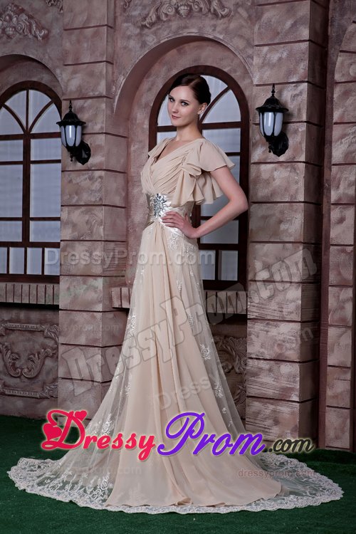 V-neck Ruched Cap Sleeves Champagne Long Prom Dresses