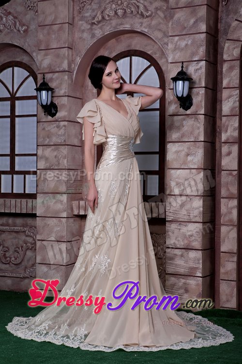 V-neck Ruched Cap Sleeves Champagne Long Prom Dresses