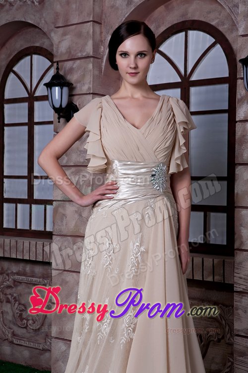 V-neck Ruched Cap Sleeves Champagne Long Prom Dresses