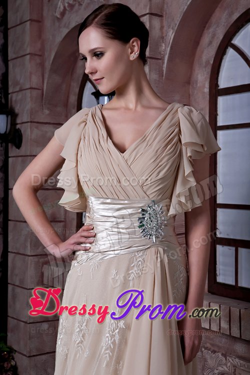 V-neck Ruched Cap Sleeves Champagne Long Prom Dresses