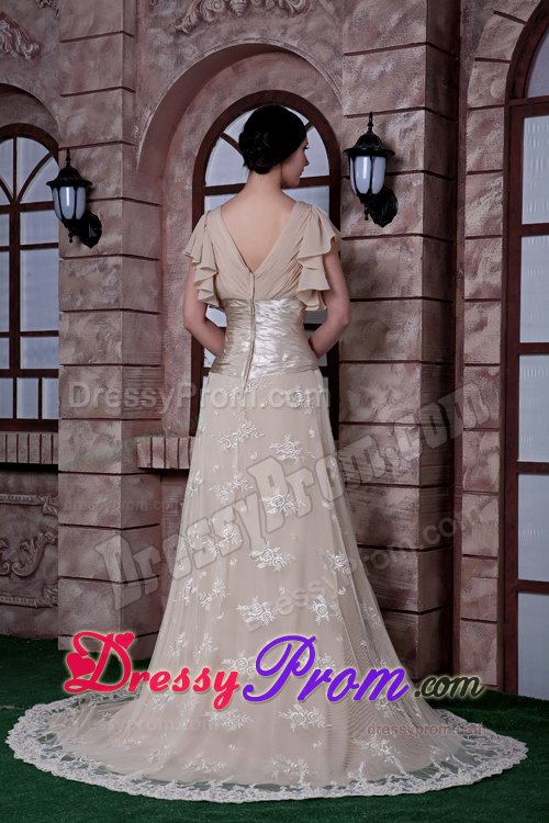 V-neck Ruched Cap Sleeves Champagne Long Prom Dresses