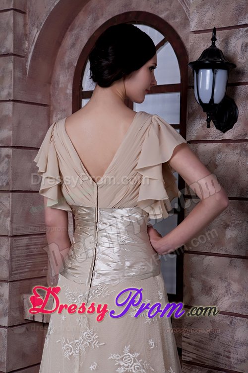 V-neck Ruched Cap Sleeves Champagne Long Prom Dresses