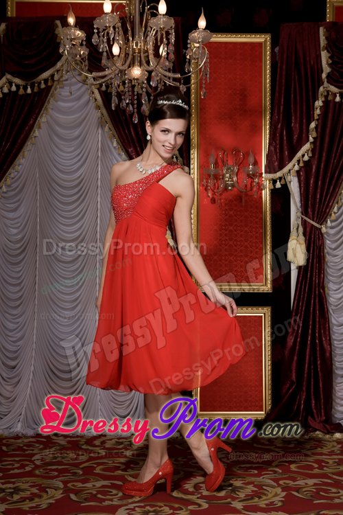 Cheap Tea-length One Shoulder Red Beaded Prom Party Dress