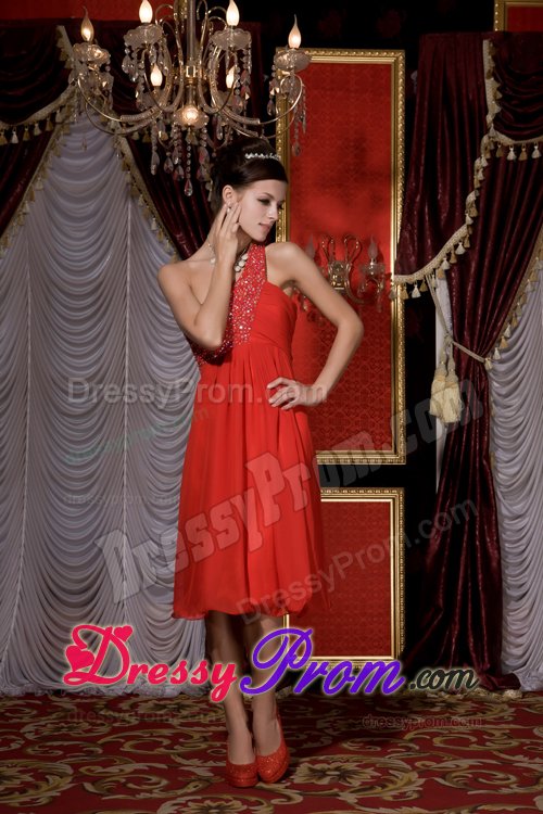 Cheap Tea-length One Shoulder Red Beaded Prom Party Dress
