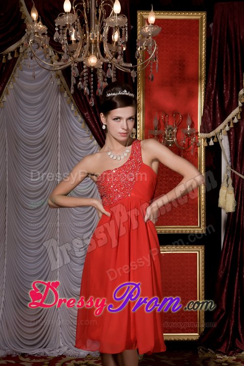 Cheap Tea-length One Shoulder Red Beaded Prom Party Dress