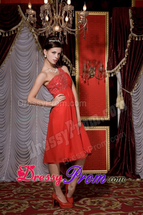 Cheap Tea-length One Shoulder Red Beaded Prom Party Dress