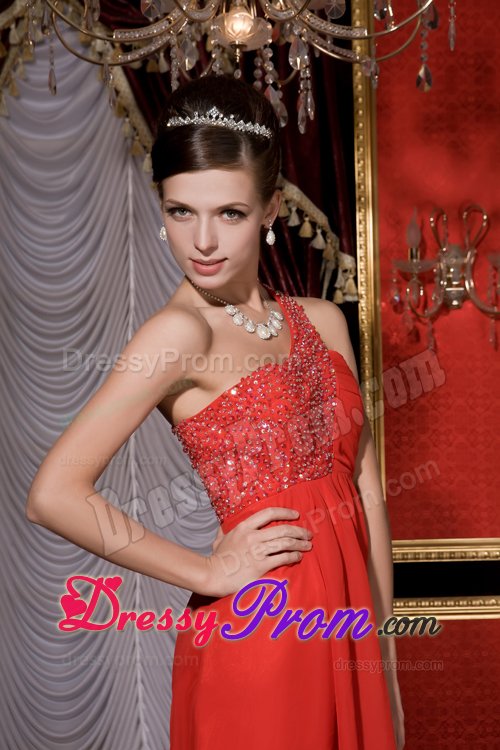 Cheap Tea-length One Shoulder Red Beaded Prom Party Dress