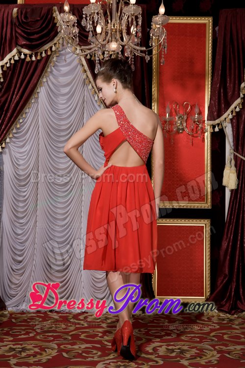 Cheap Tea-length One Shoulder Red Beaded Prom Party Dress