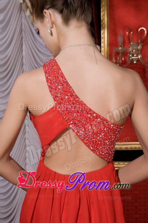 Cheap Tea-length One Shoulder Red Beaded Prom Party Dress