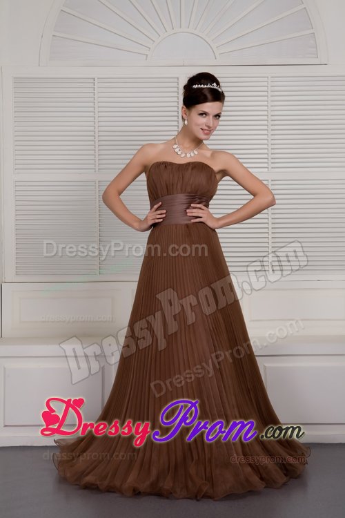 Free Shipping A-line Pleated Brush Train Brown Prom Dresses