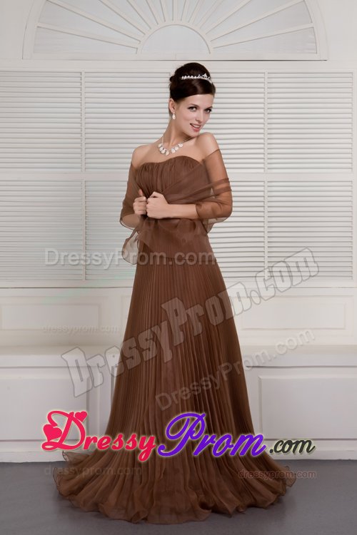 Free Shipping A-line Pleated Brush Train Brown Prom Dresses