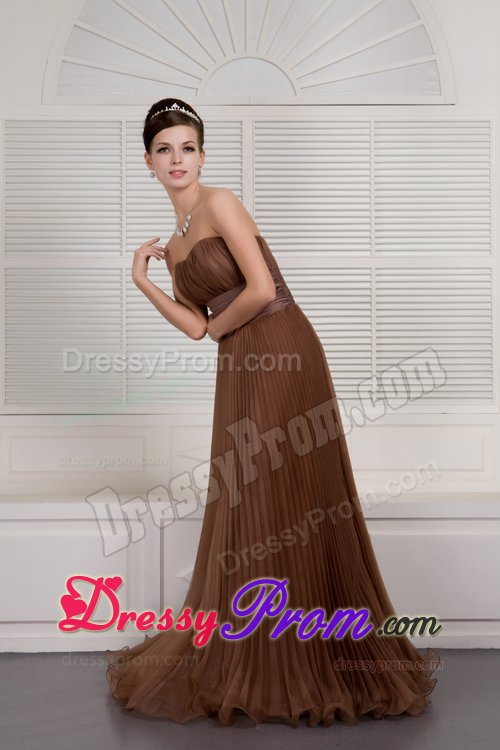 Free Shipping A-line Pleated Brush Train Brown Prom Dresses