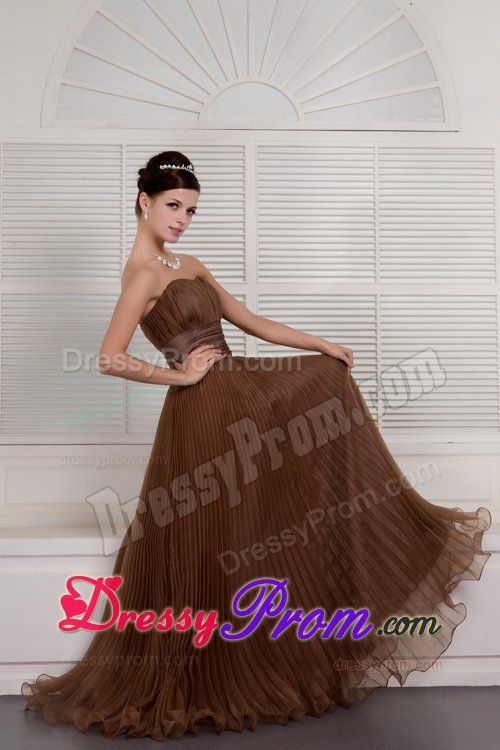 Free Shipping A-line Pleated Brush Train Brown Prom Dresses