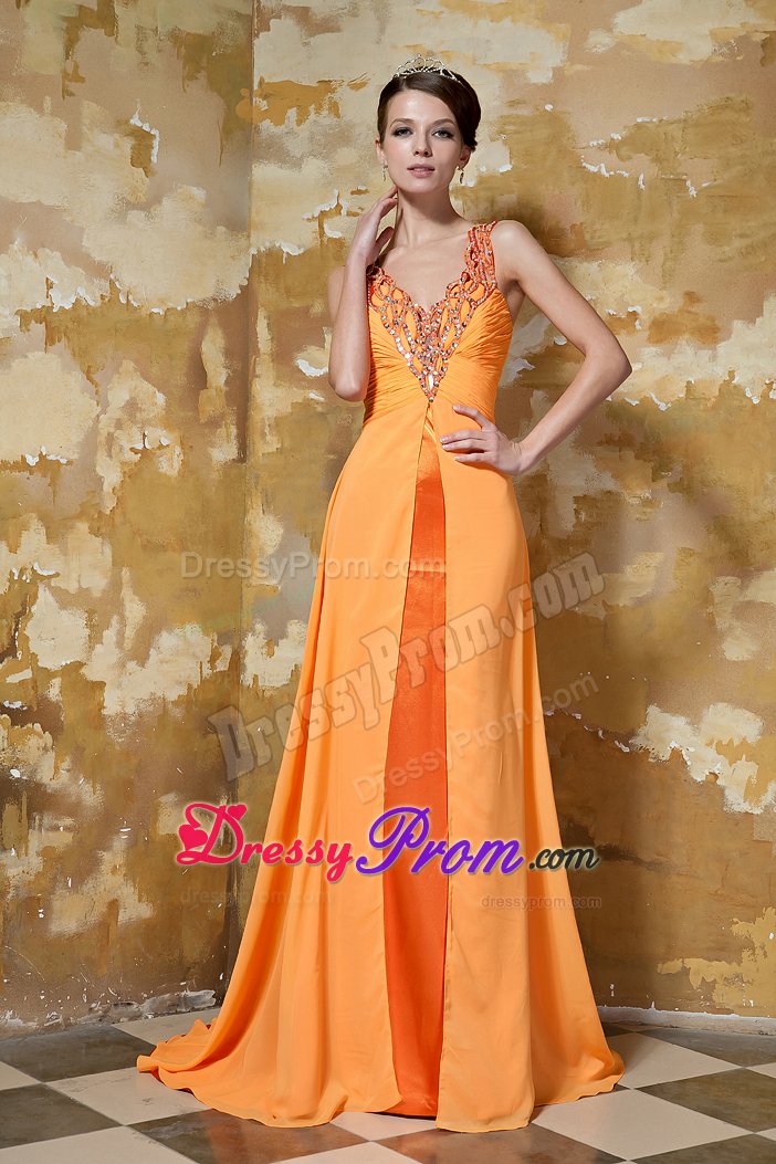 Clearance V-neck Ruched Orange Prom Dress with Rhinestones