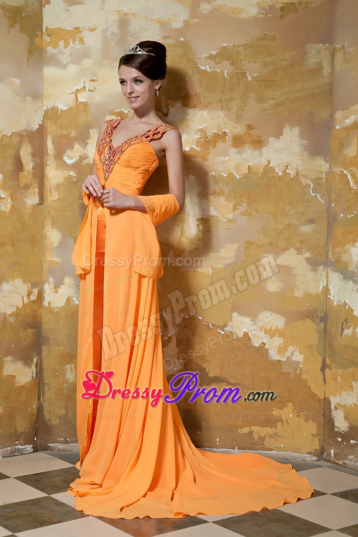 Clearance V-neck Ruched Orange Prom Dress with Rhinestones