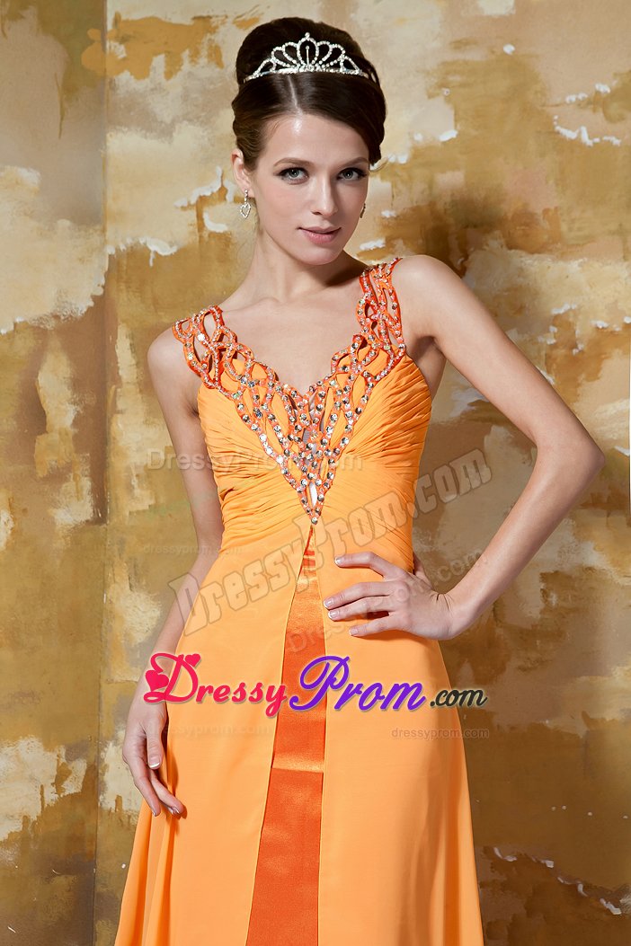 Clearance V-neck Ruched Orange Prom Dress with Rhinestones