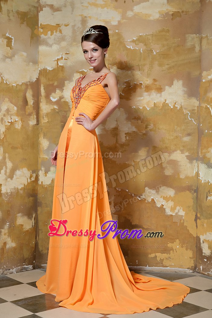 Clearance V-neck Ruched Orange Prom Dress with Rhinestones
