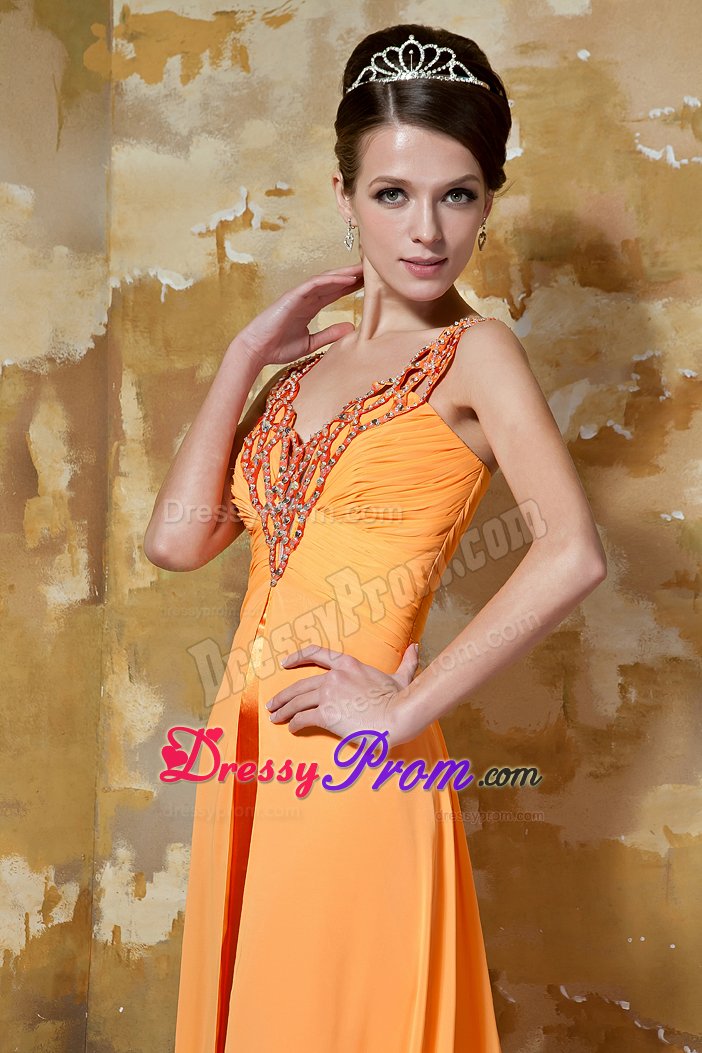 Clearance V-neck Ruched Orange Prom Dress with Rhinestones