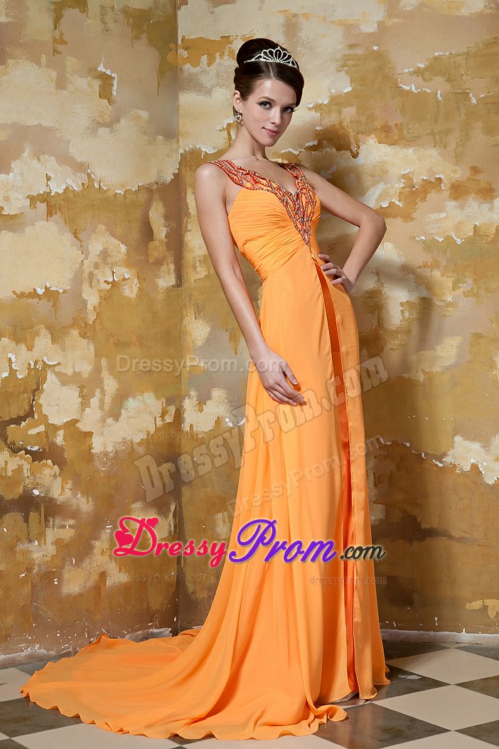 Clearance V-neck Ruched Orange Prom Dress with Rhinestones