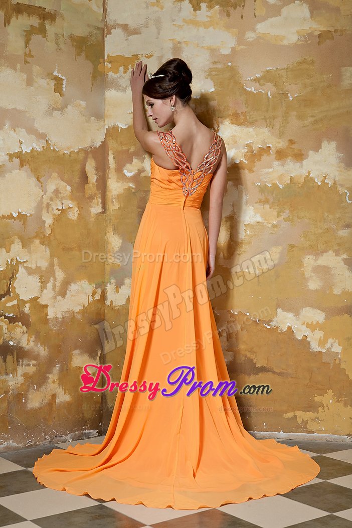 Clearance V-neck Ruched Orange Prom Dress with Rhinestones