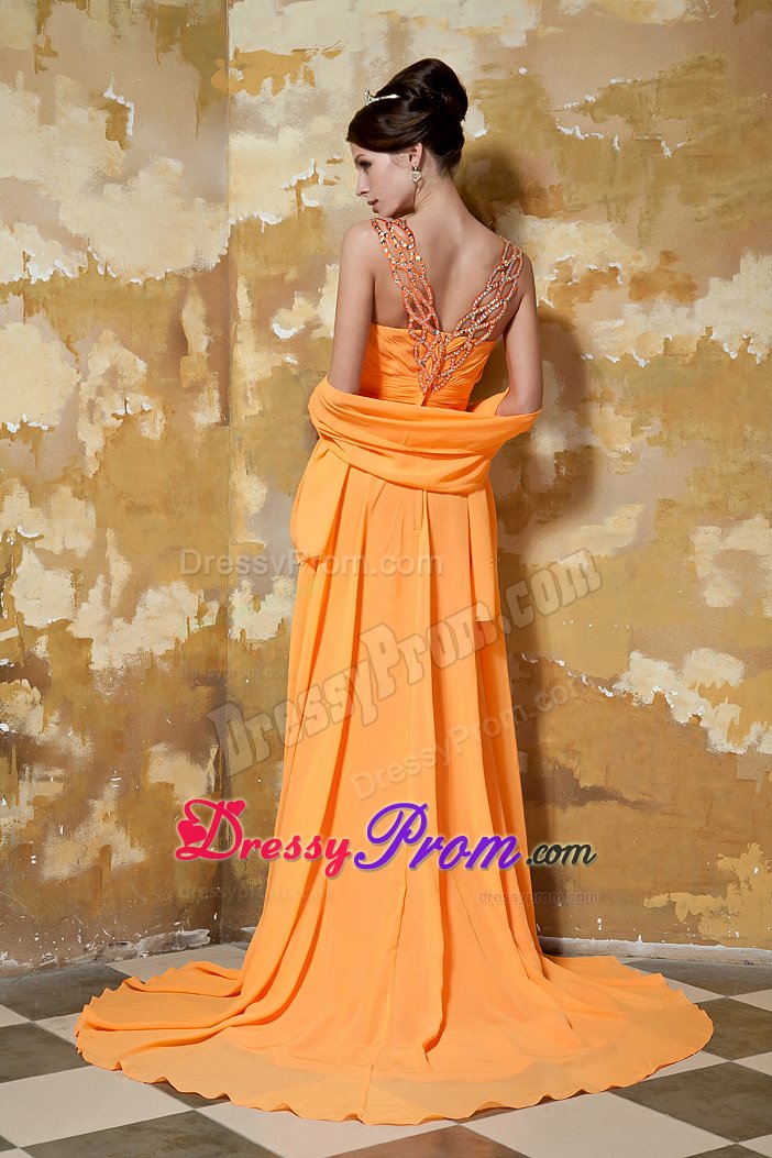 Clearance V-neck Ruched Orange Prom Dress with Rhinestones