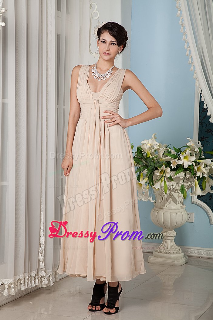 Inexpensive Champagne Ankle-Length Ruched Prom Dress