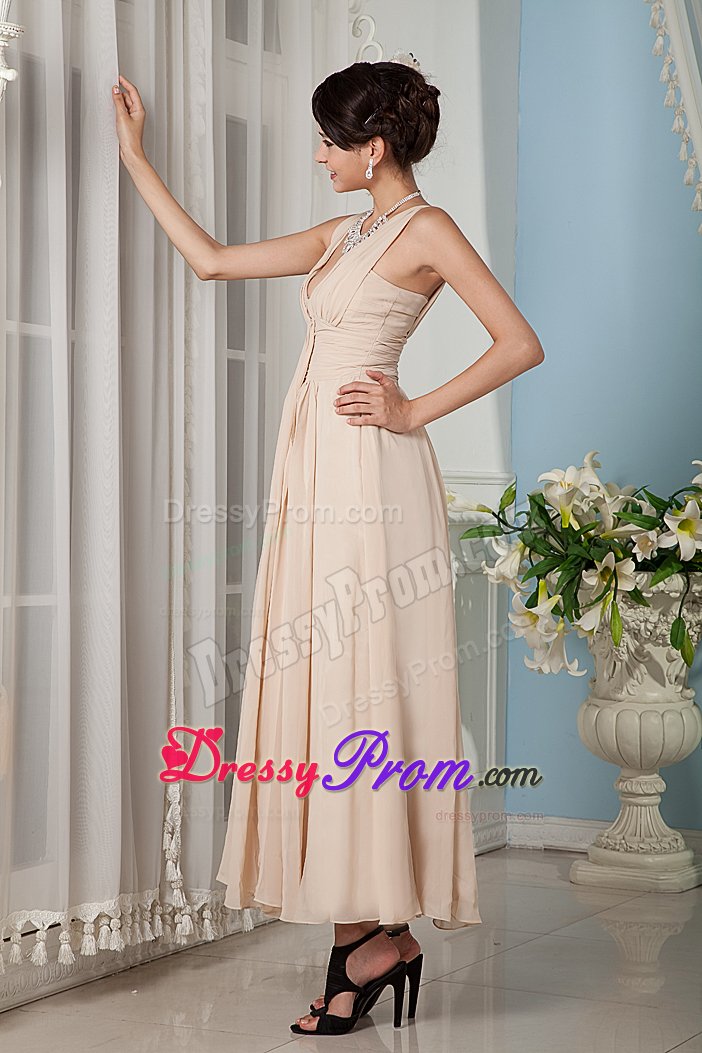 Inexpensive Champagne Ankle-Length Ruched Prom Dress