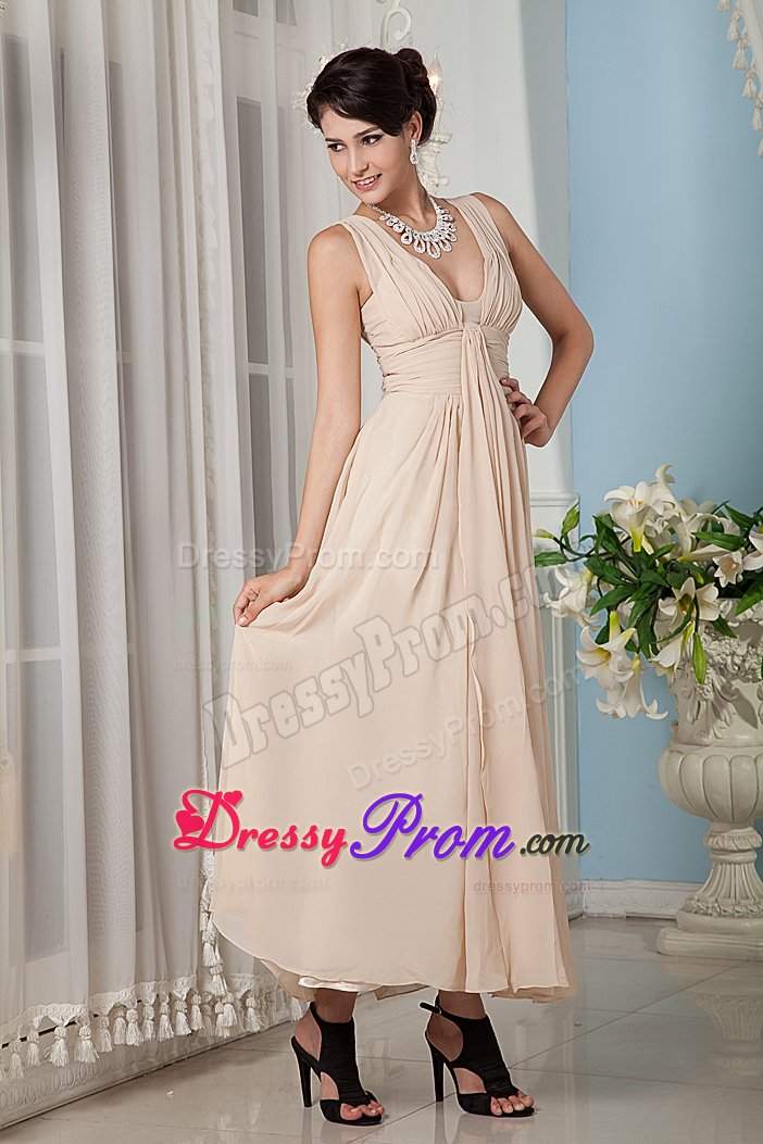 Inexpensive Champagne Ankle-Length Ruched Prom Dress