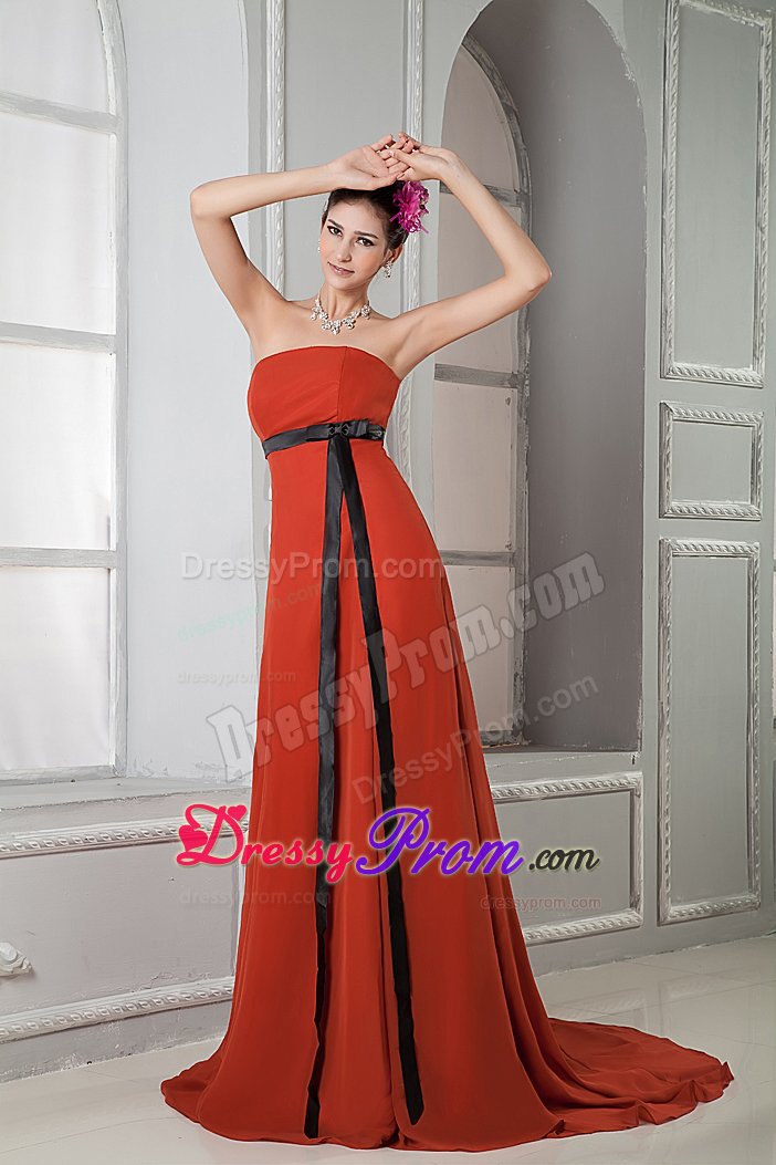 Cheap Rust Red Strapless Dresses for Prom with Black Sash