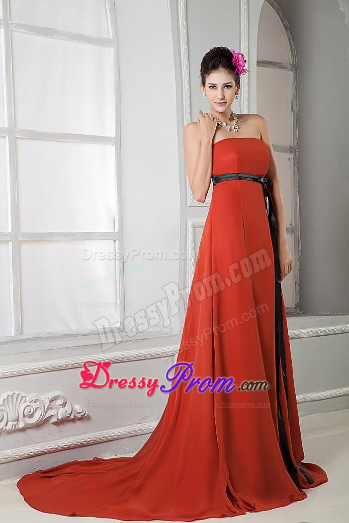 Cheap Rust Red Strapless Dresses for Prom with Black Sash
