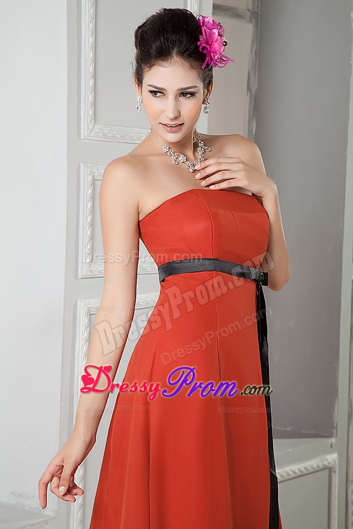 Cheap Rust Red Strapless Dresses for Prom with Black Sash
