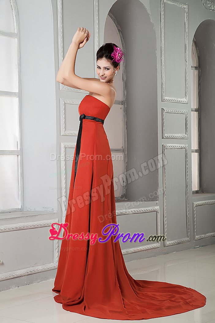 Cheap Rust Red Strapless Dresses for Prom with Black Sash