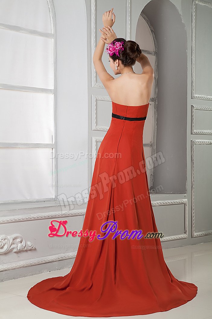 Cheap Rust Red Strapless Dresses for Prom with Black Sash